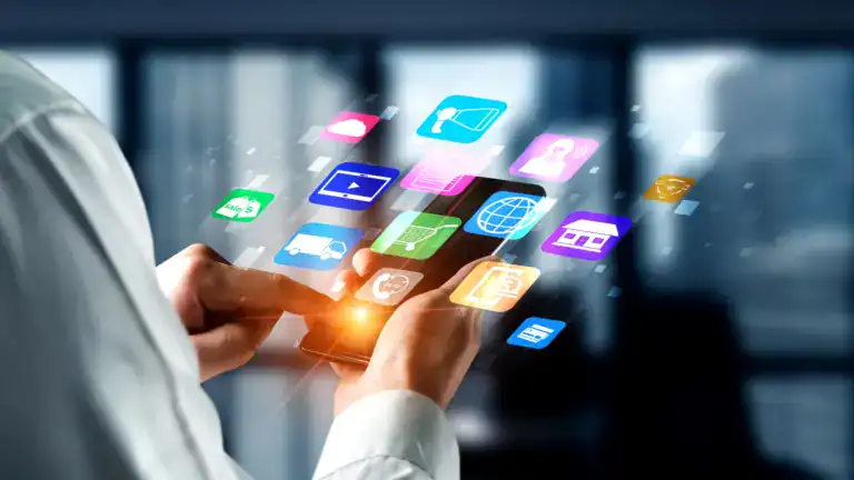 Modern digital interface with app icons on a smartphone screen.
