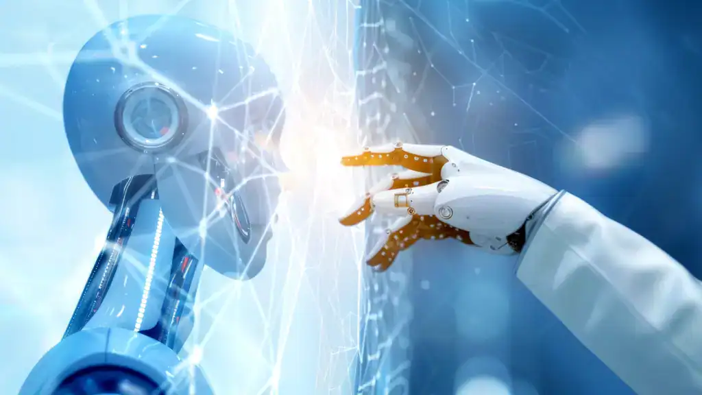 Powered robot and human hand touching in a digital environment.