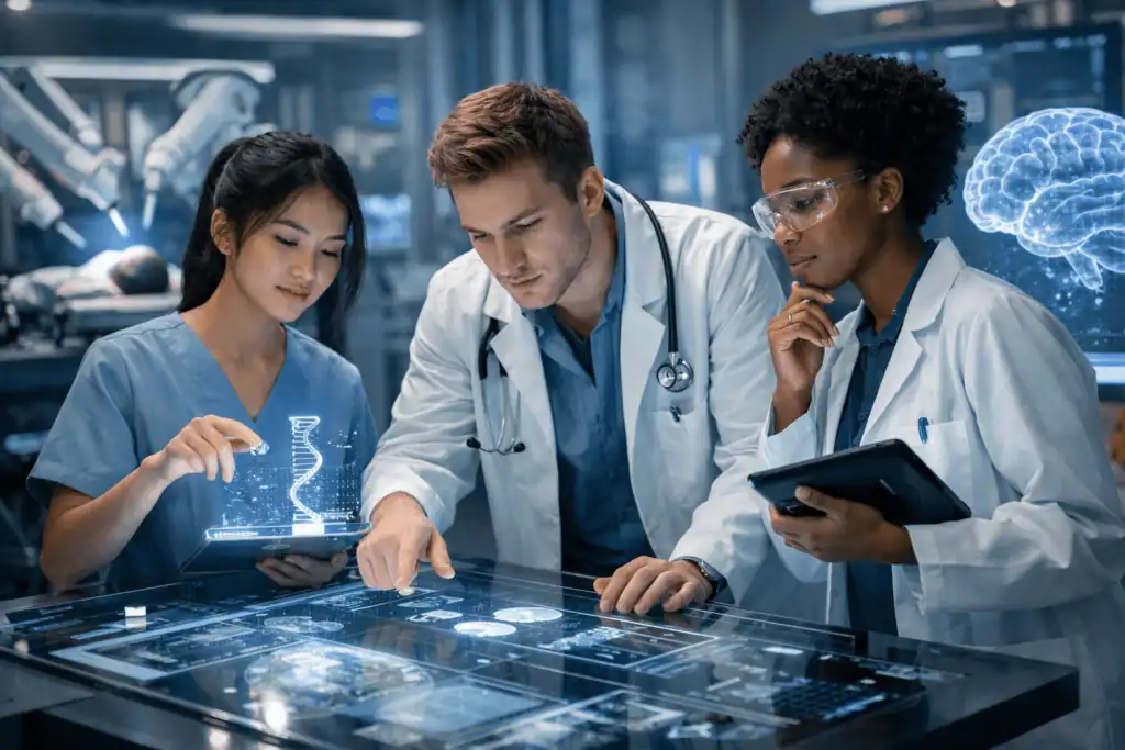 AI and human experts working together in healthcare innovation.
